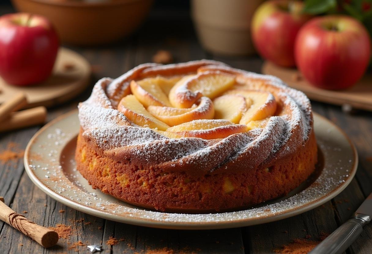 Fertiger Apfelkuchen mit Zimtnote, perfekt für herbstliche Genüsse.