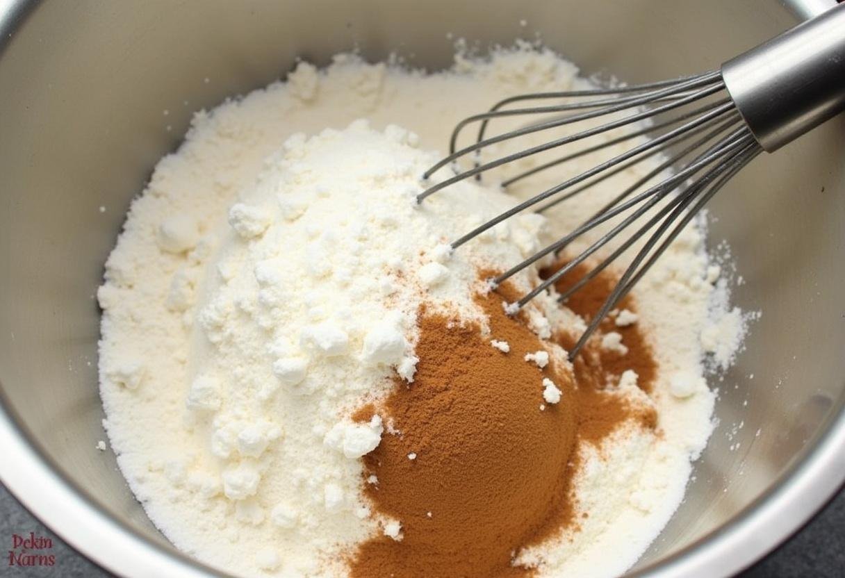 Mehl, Zucker und Zimt werden in einer Schüssel für den Apfelkuchen-Teig vermischt.
