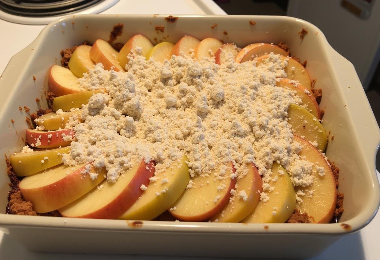 Geschichtete Apfelscheiben in der Backform mit Teigmischung für Apfelkuchen.