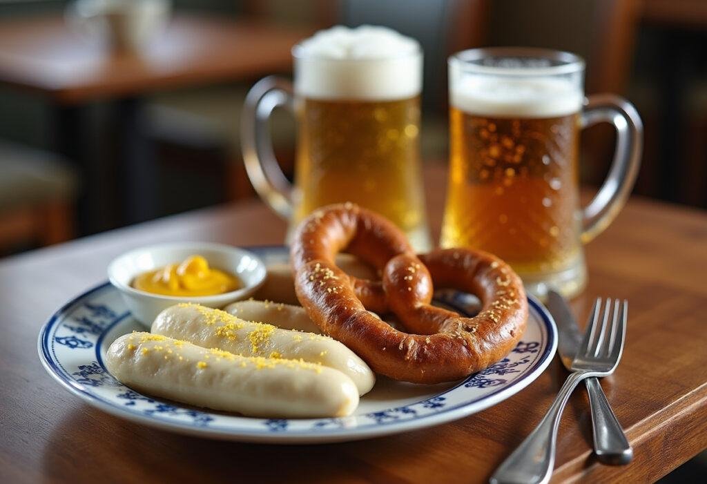 Klassisches bayerisches Frühstück mit Weißwurst, Brezel, süßem Senf und Weizenbier.