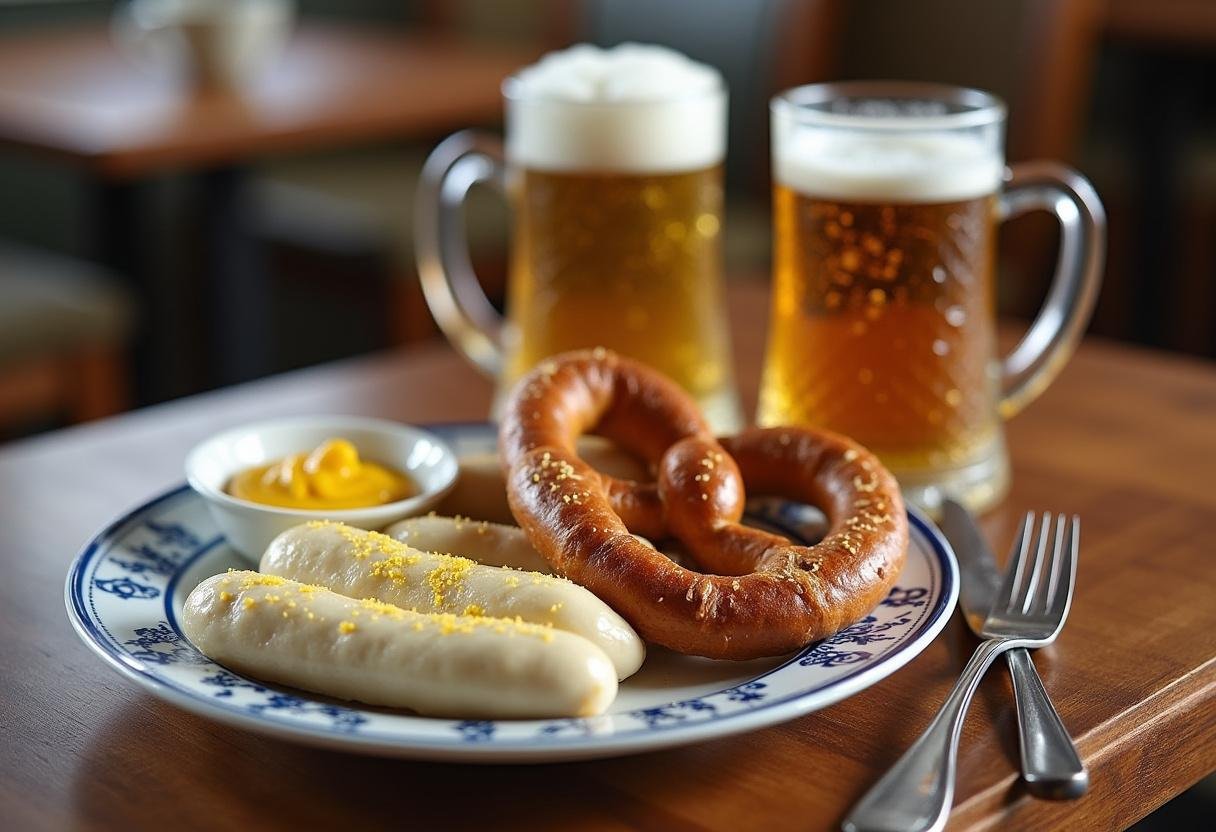 Klassisches bayerisches Frühstück mit Weißwurst, Brezel, süßem Senf und Weizenbier.