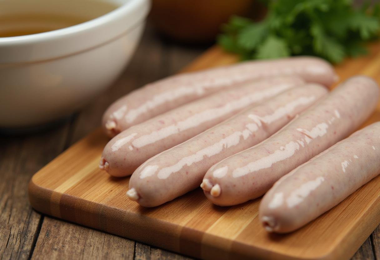 Frische bayerische Weißwürste auf einem Holzbrett für traditionellen Weißwurstgenuss.
