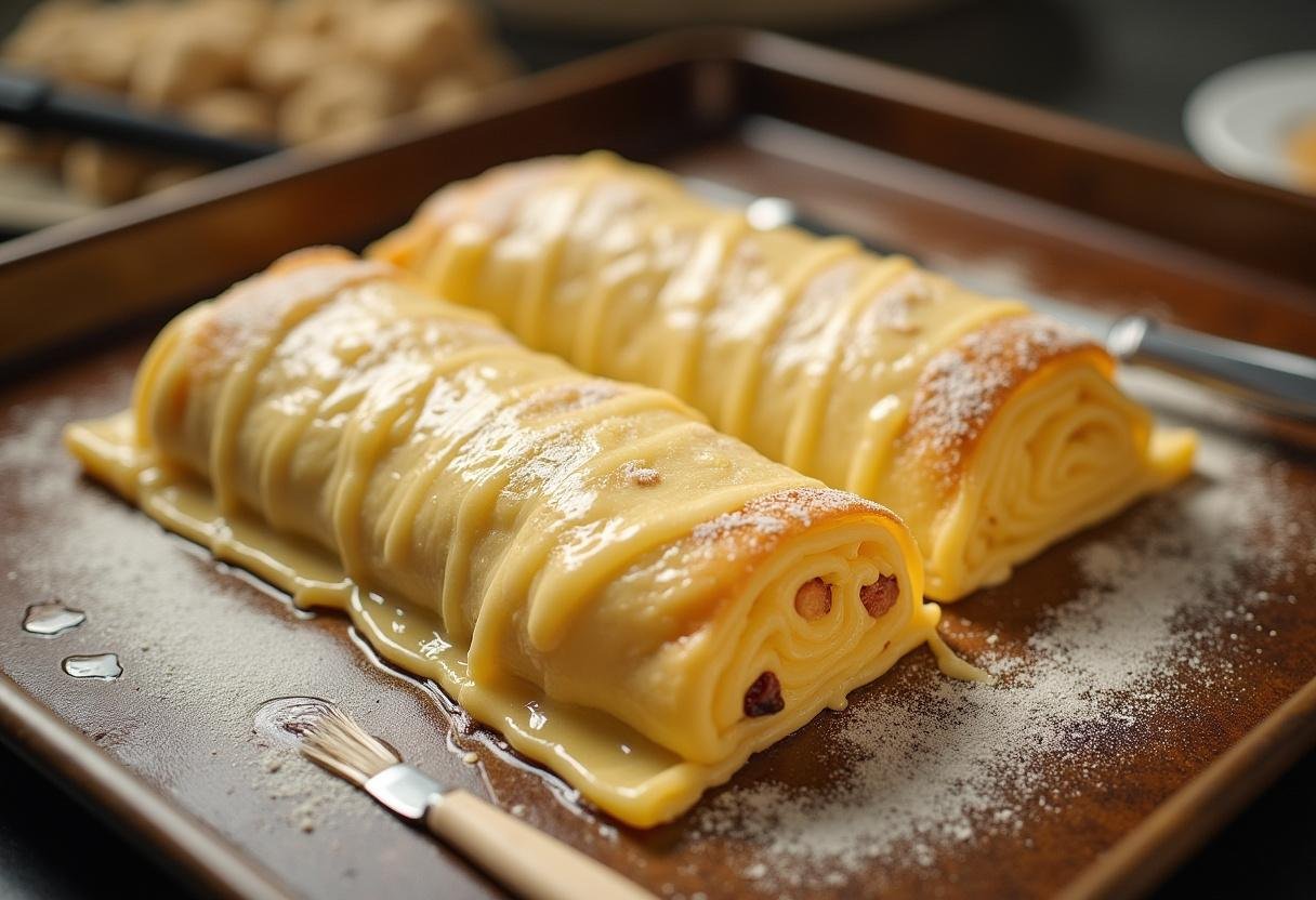 Zusammengerollter Apfelstrudel auf einem Backblech, mit Butter bestrichen.