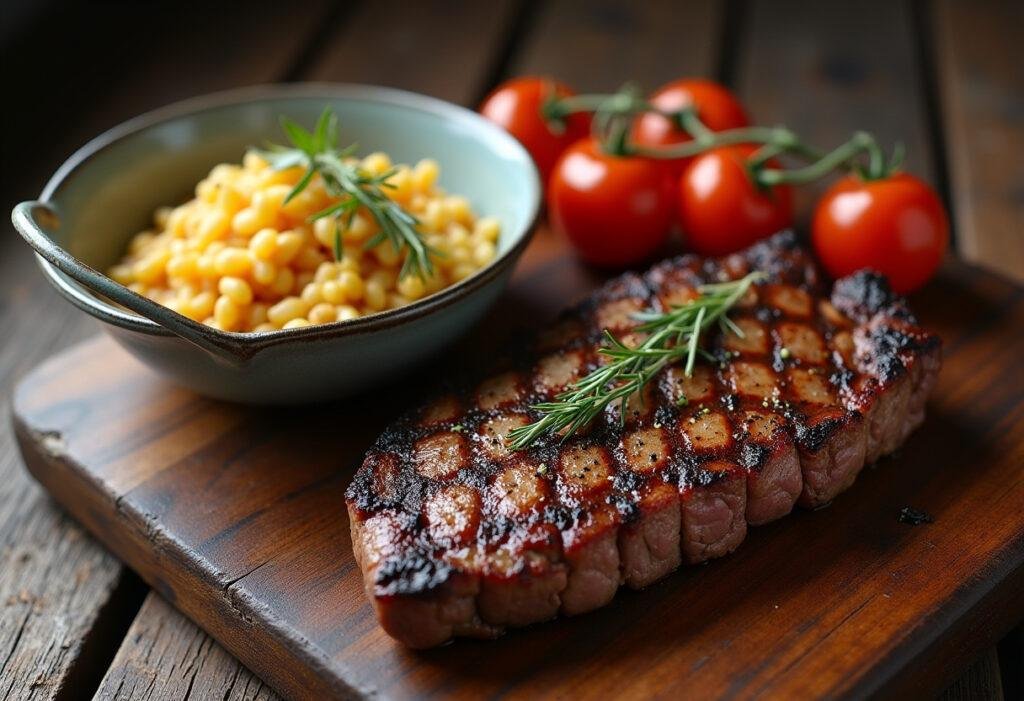 Feurige Senfsoße served alongside grilled steak, ideal for meat lovers.