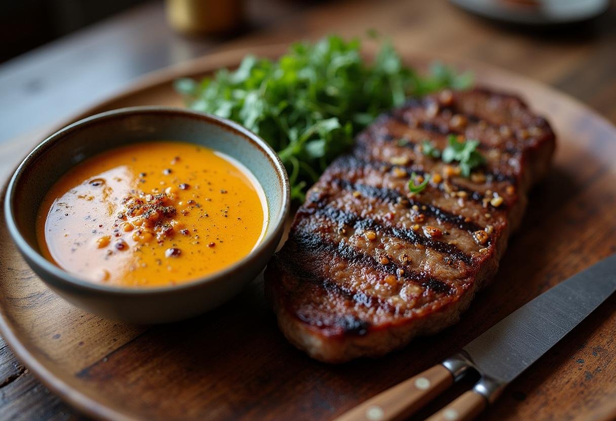 Feurige Senfsoße served alongside grilled steak, ideal for meat lovers.