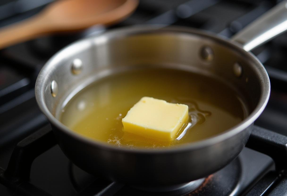 Butter melting in a saucepan for preparing feurige Senfsoße.