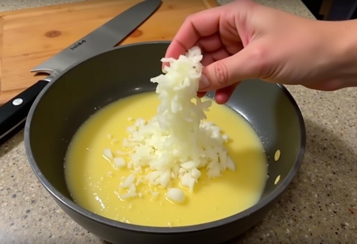 Chopped onions being added to melted butter for feurige Senfsoße.