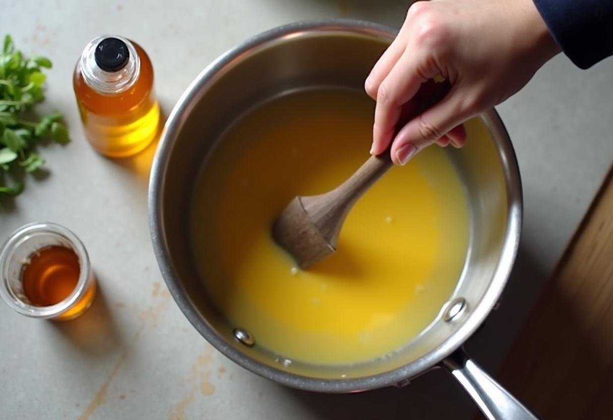 Mustard, vinegar, and honey being combined for feurige Senfsoße.