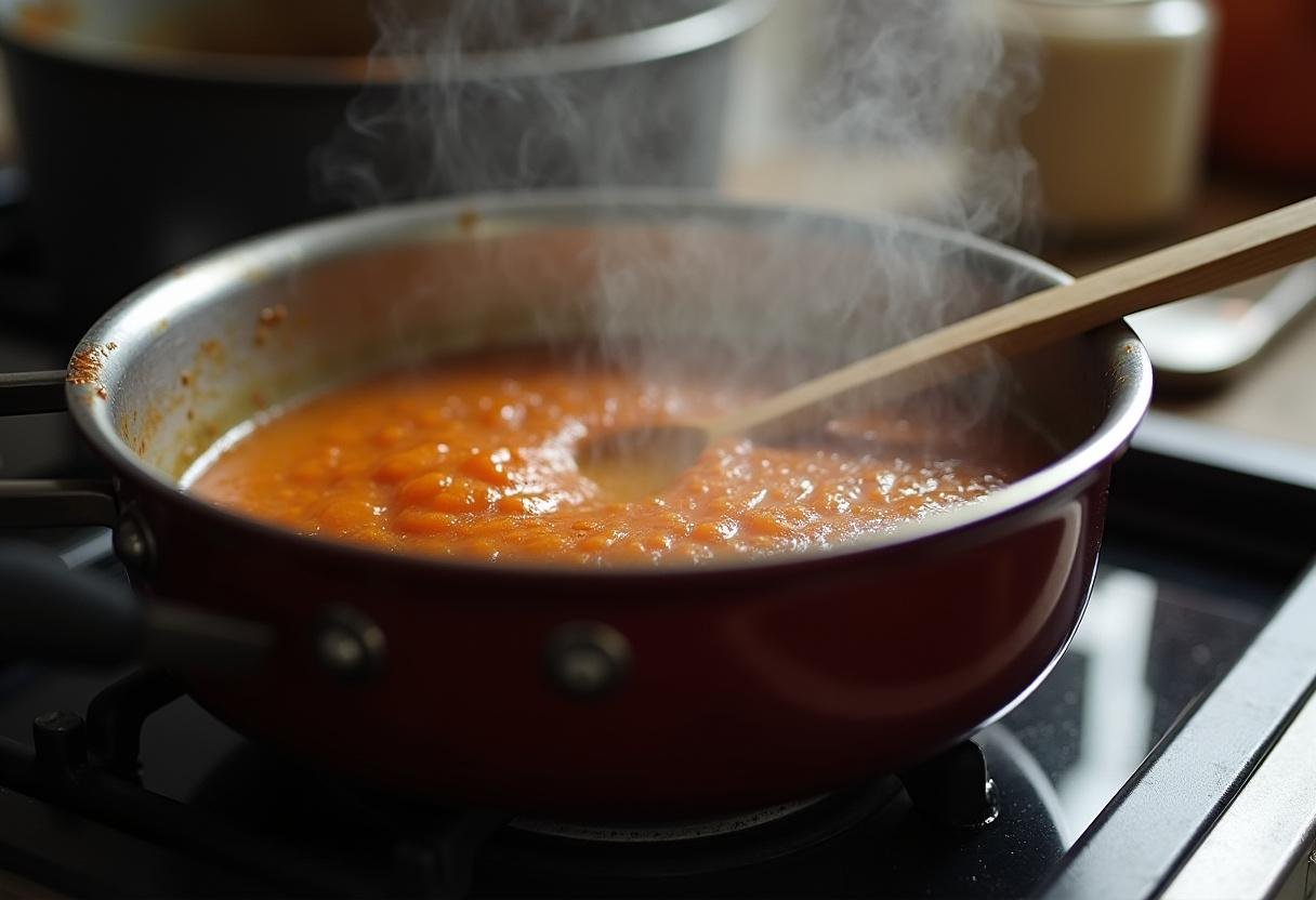 Feurige Senfsoße simmering on the stove, ready to enhance meat dishes.
