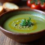 Fertige Grüne Bohnensuppe, garniert mit Olivenöl und frischen Kräutern, serviert mit knusprigem Brot.