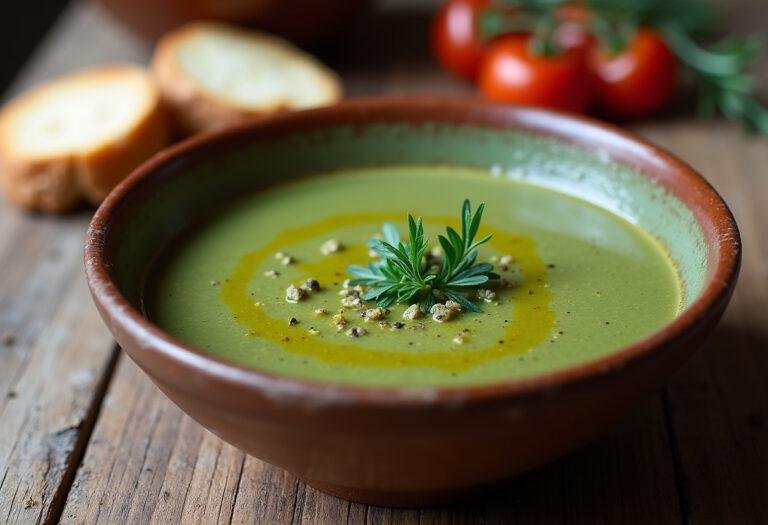 Fertige Grüne Bohnensuppe, garniert mit Olivenöl und frischen Kräutern, serviert mit knusprigem Brot.