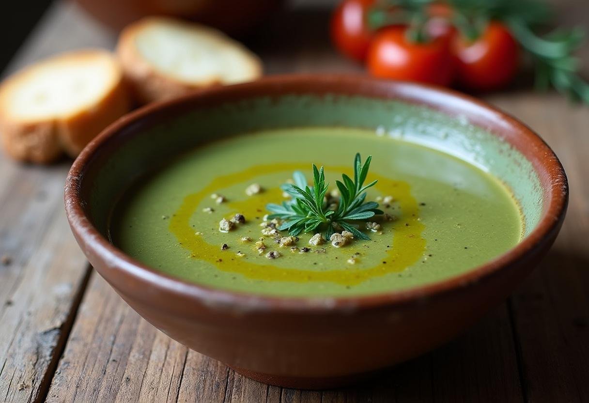 Fertige Grüne Bohnensuppe, garniert mit Olivenöl und frischen Kräutern, serviert mit knusprigem Brot.
