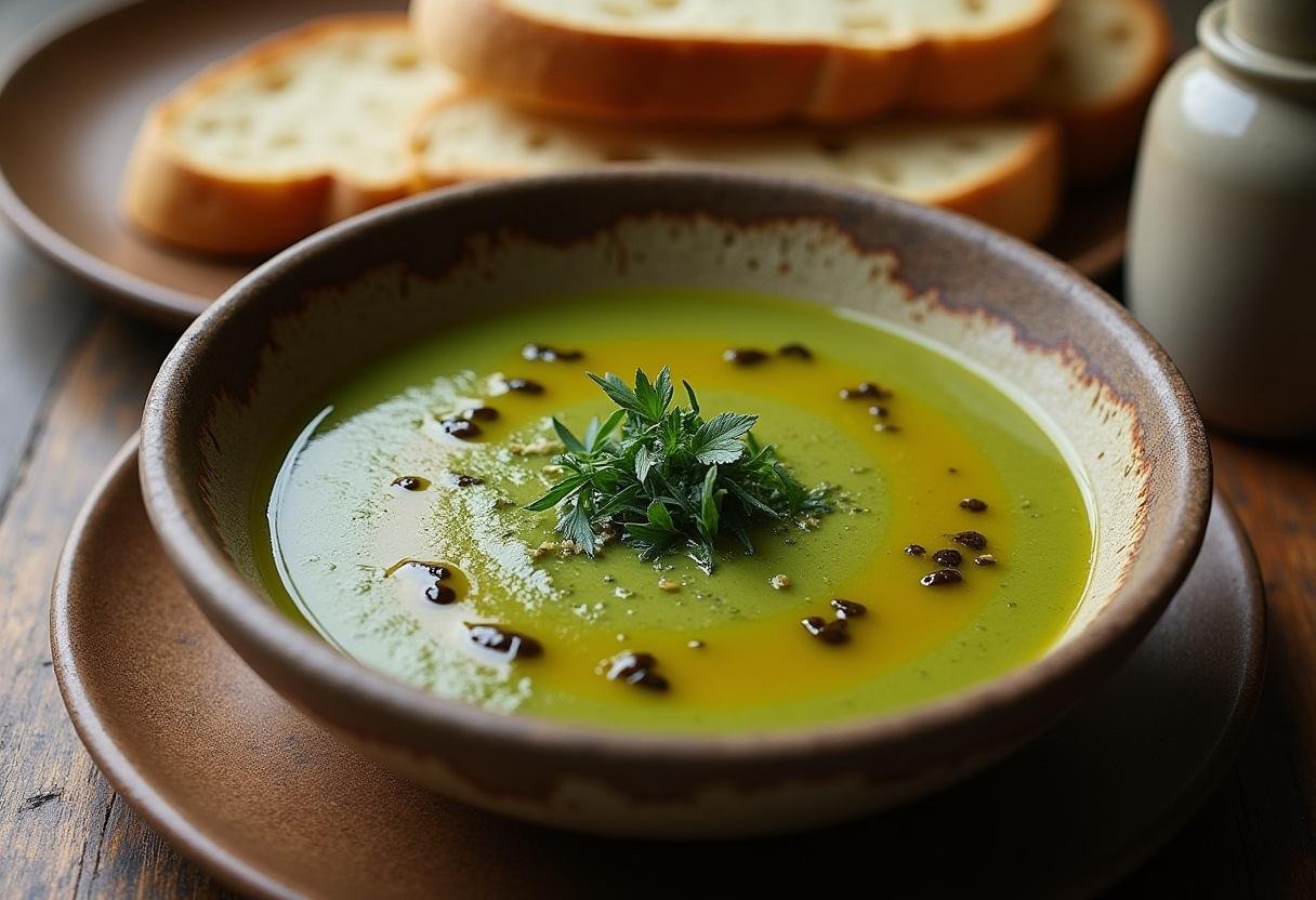 Fertige Grüne Bohnensuppe, garniert mit Olivenöl und frischen Kräutern, serviert mit knusprigem Brot.