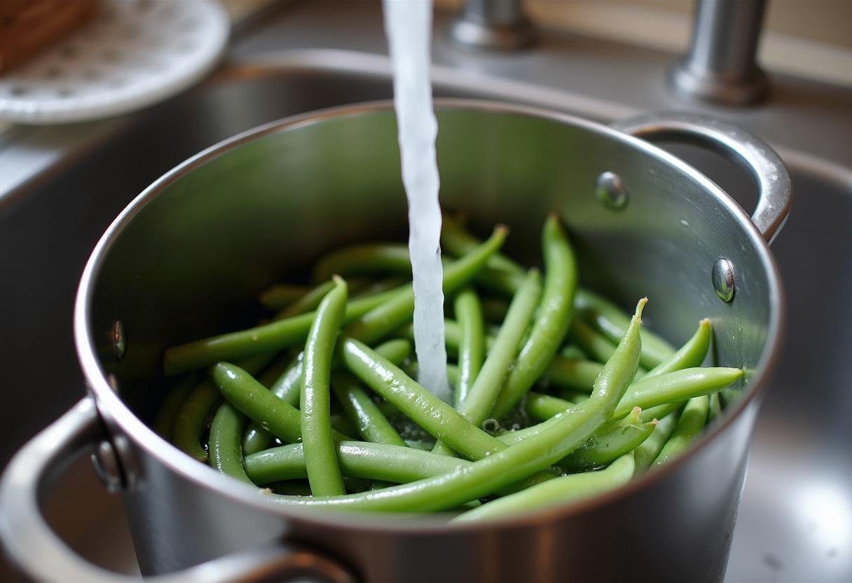 Frische grüne Bohnen werden unter fließendem Wasser gewaschen für die Grüne Bohnensuppe.