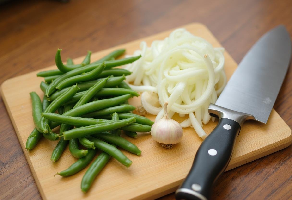 Geschnittene grüne Bohnen, Zwiebeln und Knoblauch für die Zubereitung der Grünen Bohnensuppe.