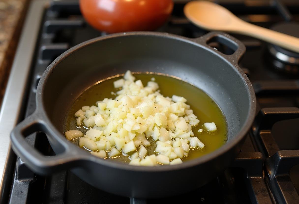 Olivenöl in einem Topf erhitzt, bereit zum Anbraten von Zwiebeln und Knoblauch für die Grüne Bohnensuppe.