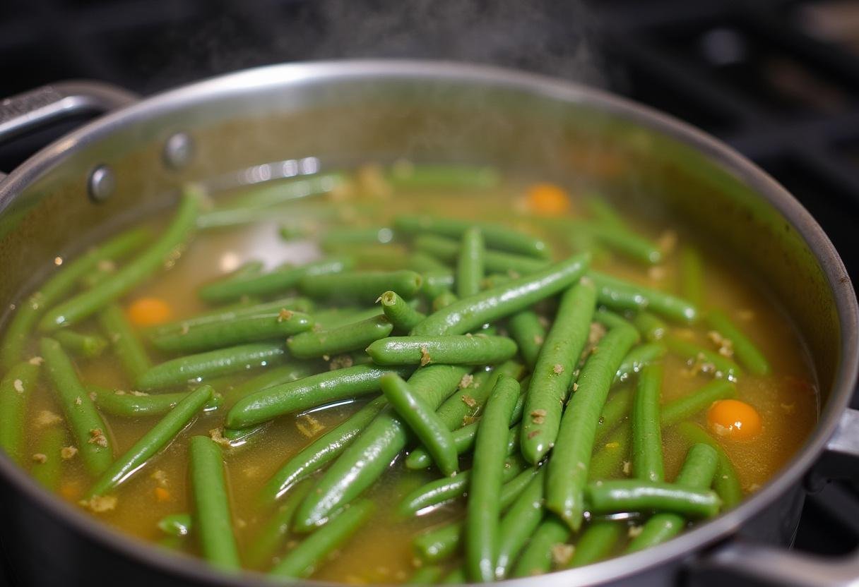Köchelnde Grüne Bohnensuppe mit Gemüsebrühe und Kräutern auf dem Herd.
