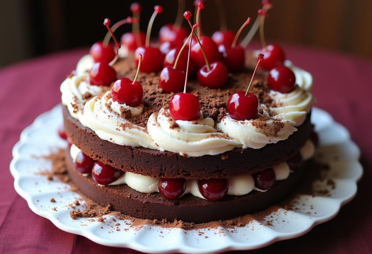 Finished Fruchtige Schwarzwälder Kirschtorte der Verführung, a decadent cherry and chocolate layered cake.