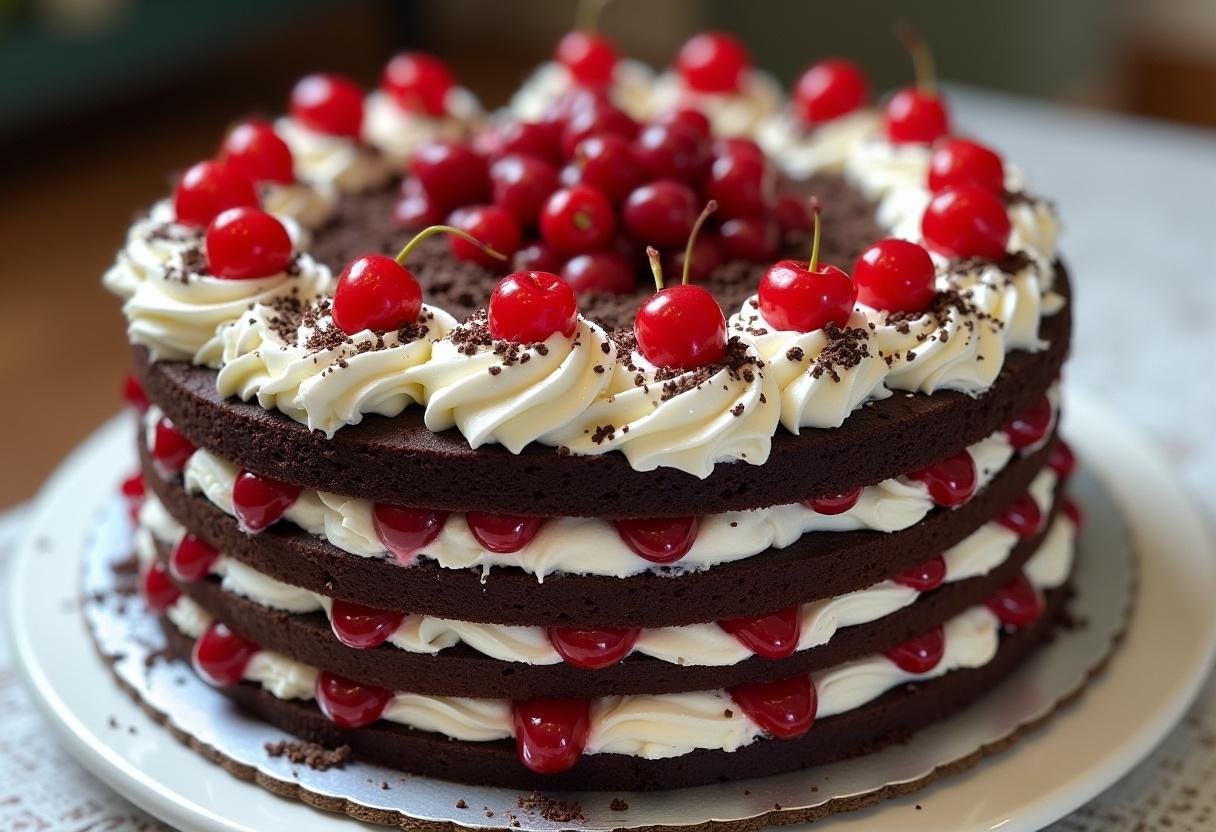 Finished Fruchtige Schwarzwälder Kirschtorte der Verführung, a decadent cherry and chocolate layered cake.