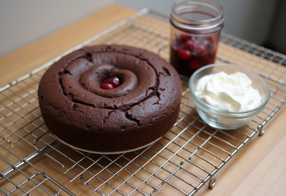 Cooled chocolate cake ready for layering with cherries and cream for Fruchtige Schwarzwälder Kirschtorte.