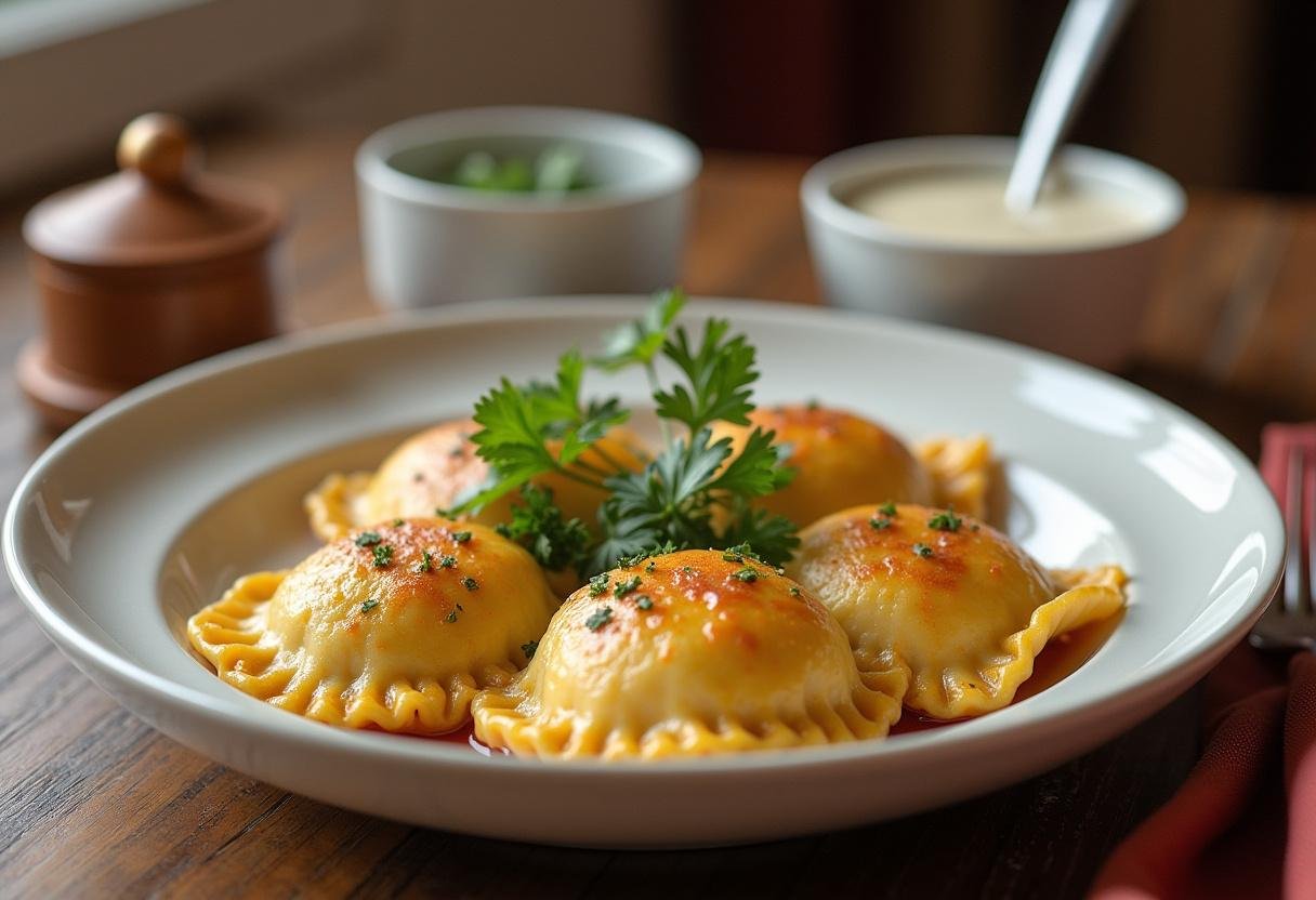 Fertige Maultaschen mit frischer Petersilie garniert und einer cremigen Sauce, serviert auf einem schwäbischen Esstisch.