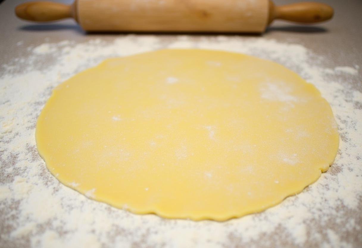 Ausgerollter Nudelteig auf einer bemehlten Fläche, bereit für die Füllung der Maultaschen.
