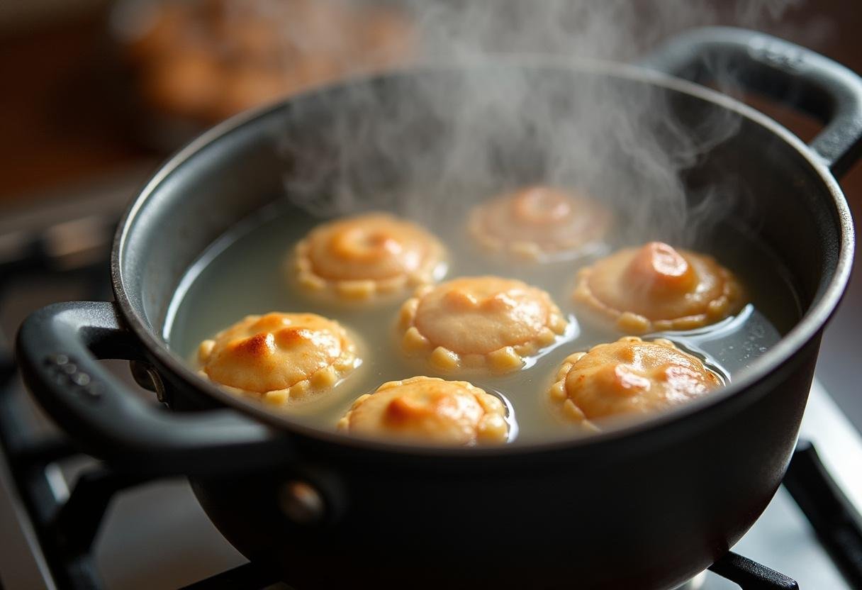Maultaschen werden vorsichtig in kochendes Wasser gegeben, Dampf steigt aus dem Topf.