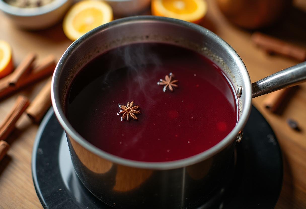 Rotwein wird in einem Topf auf dem Herd erhitzt, um Glühweingewürzter Glühbirnengenuss zuzubereiten.