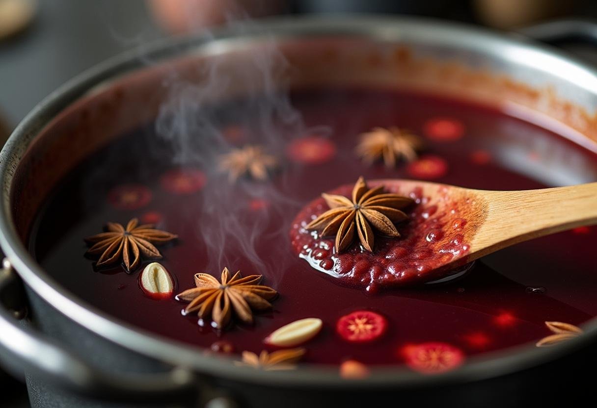 Rotwein wird mit Gewürzen wie Zimt, Nelken und Sternanis verrührt für den Glühbirnengenuss.