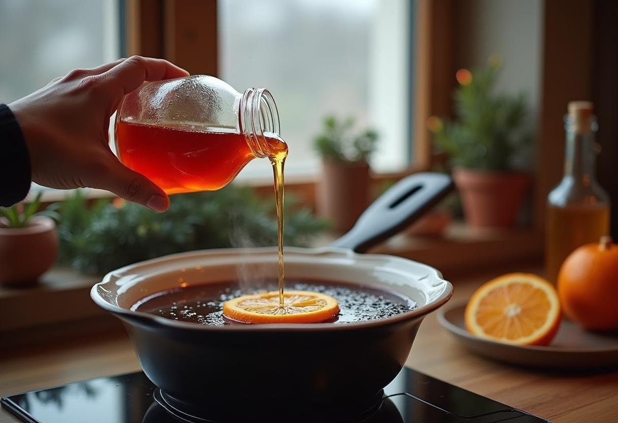 Honig und Orangenscheiben werden dem Glühwein hinzugefügt für einen süßen und fruchtigen Geschmack.