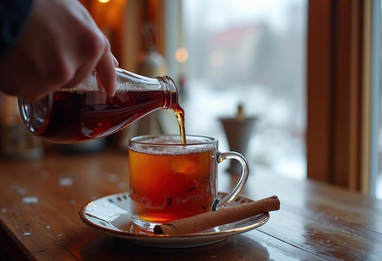 Fertiger Glühwein wird in eine Tasse gegossen, dekoriert mit einer Zimtstange.