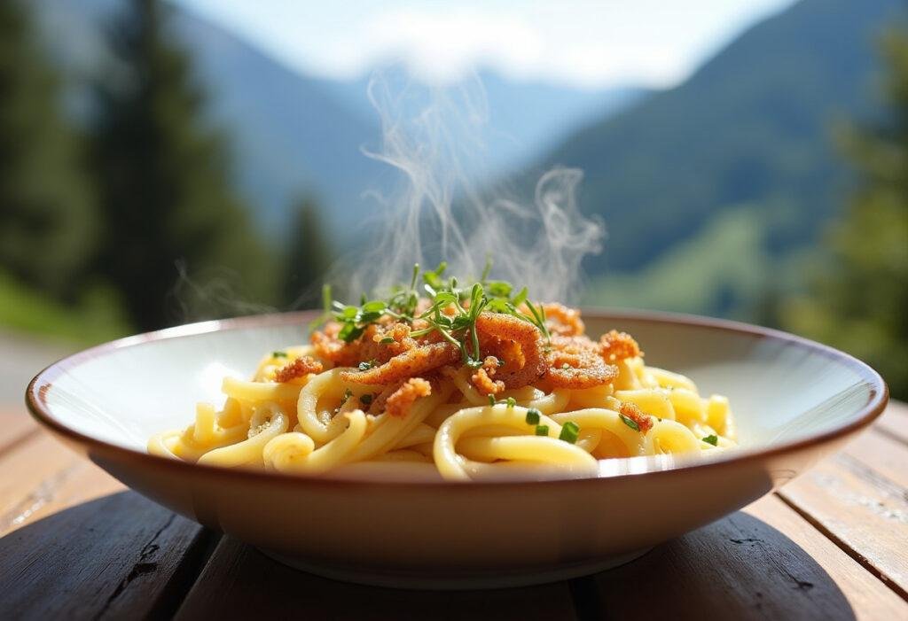 Fertige Käsespätzle mit knusprigen Zwiebeln und Schnittlauch, serviert in einer rustikalen Almhütte.