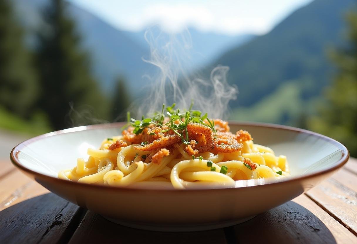 Fertige Käsespätzle mit knusprigen Zwiebeln und Schnittlauch, serviert in einer rustikalen Almhütte.
