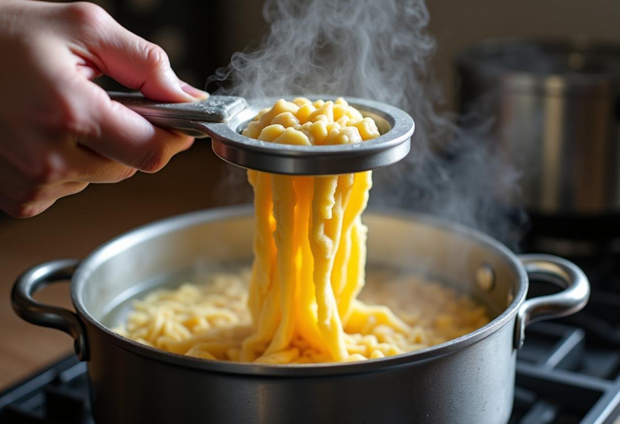 Spätzle-Teig wird in kochendes Wasser gepresst für die Herstellung von Käsespätzle.