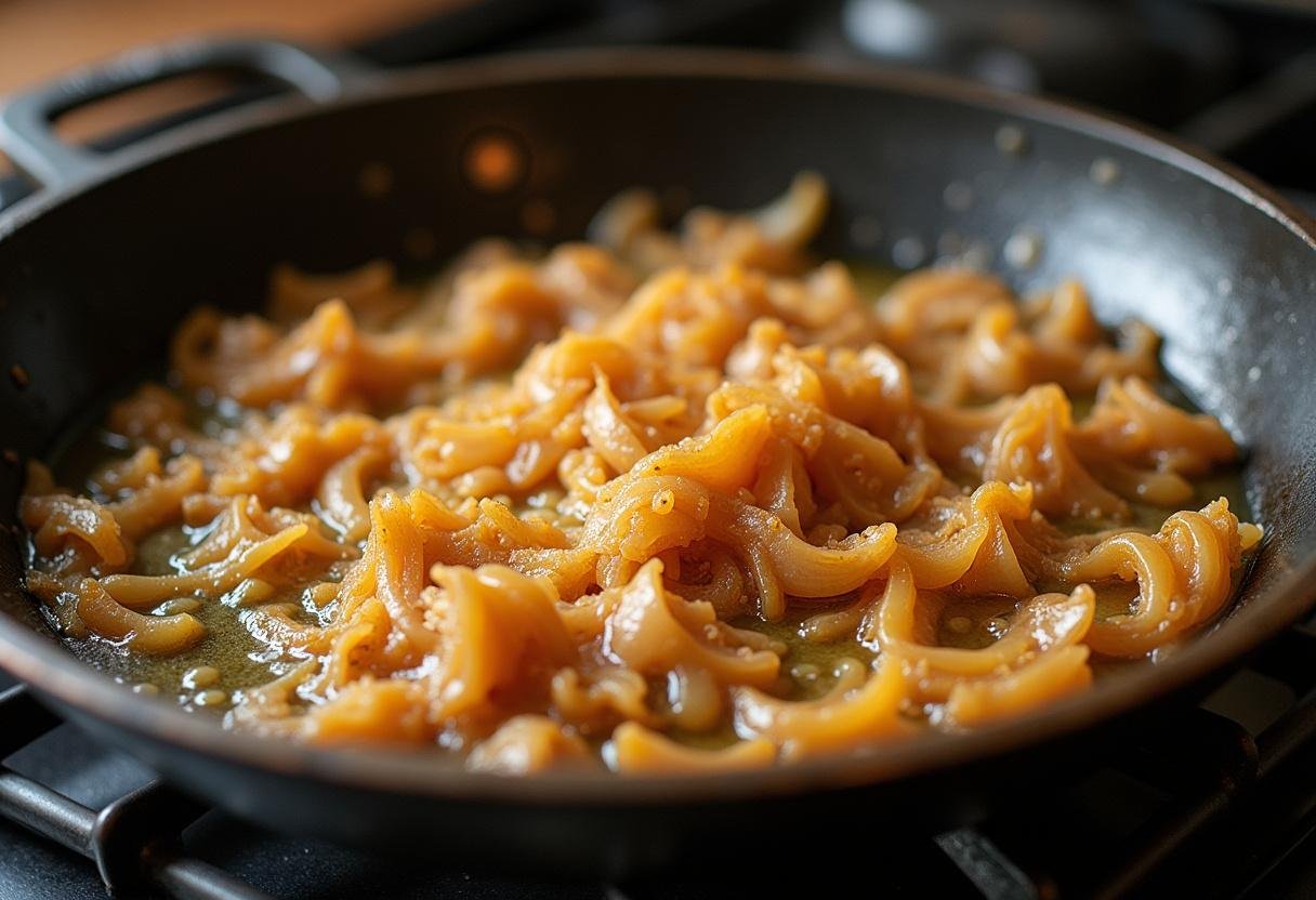 Butter und karamellisierte Zwiebeln in einer Pfanne für Käsespätzle.