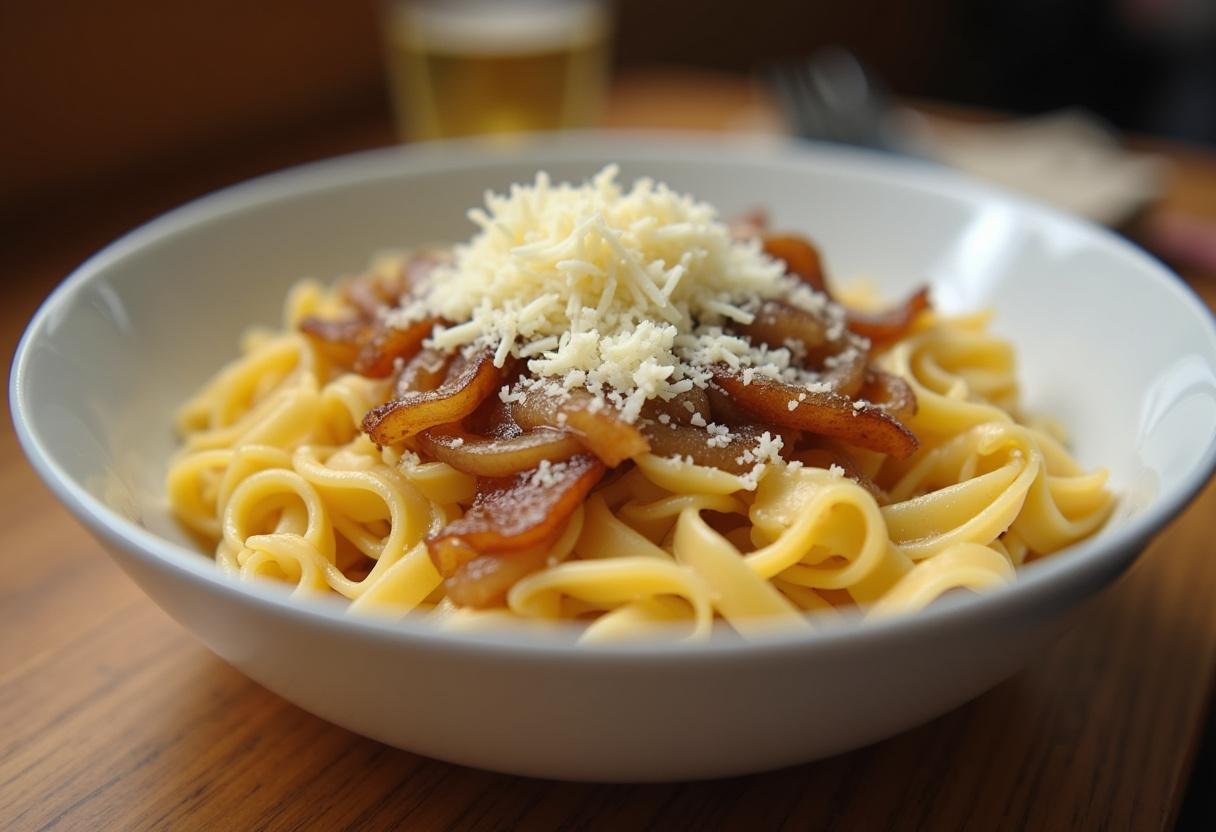 Gekochte Spätzle werden mit Alpenkäse und karamellisierten Zwiebeln vermischt.