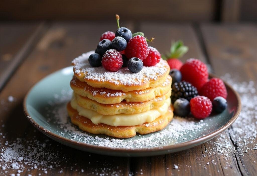 Himmlische Quarkkeulchen mit Puderzucker, serviert mit frischen Beeren.
