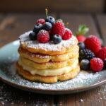 Himmlische Quarkkeulchen mit Puderzucker, serviert mit frischen Beeren.