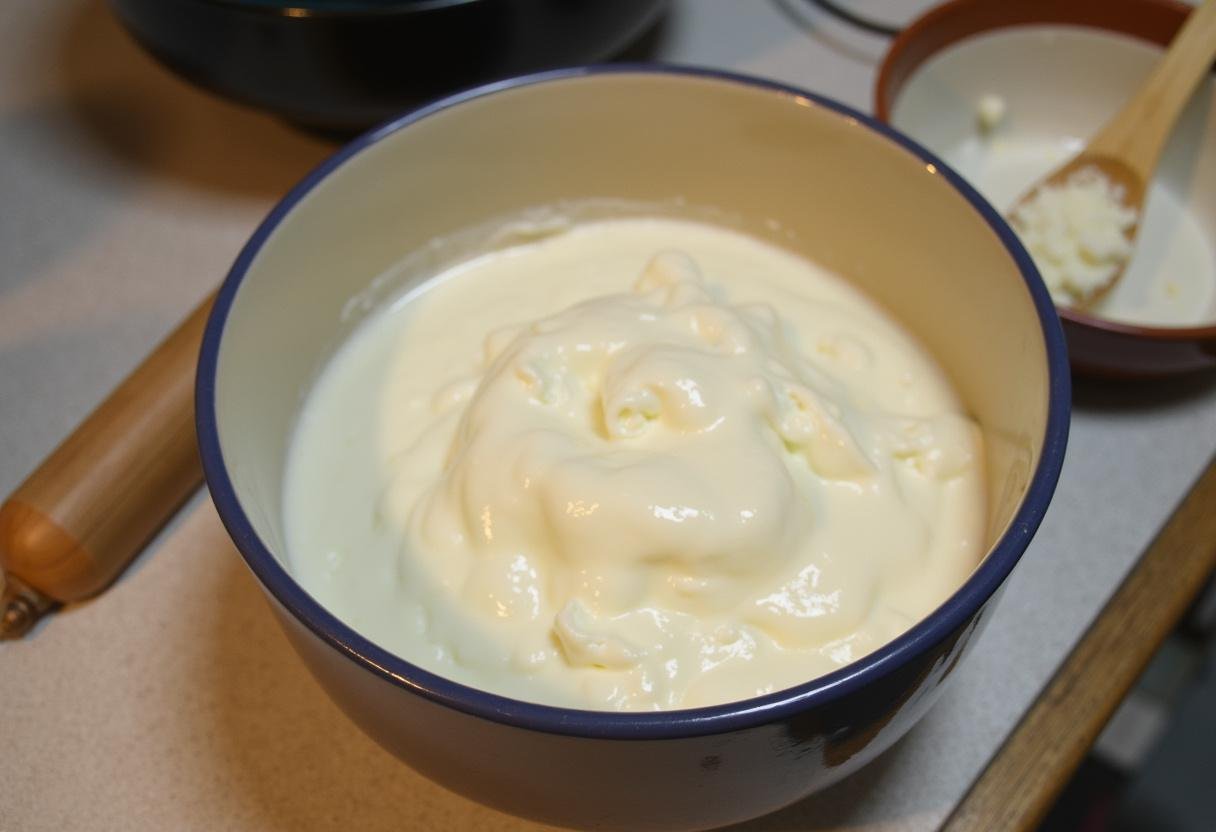 Frischer Quark in einer Schüssel für die Zubereitung von Himmlischen Quarkkeulchen.
