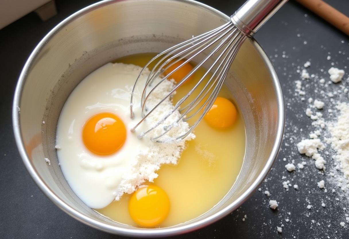 Quark, Mehl und Eier werden in einer Schüssel vermischt für Quarkkeulchen.