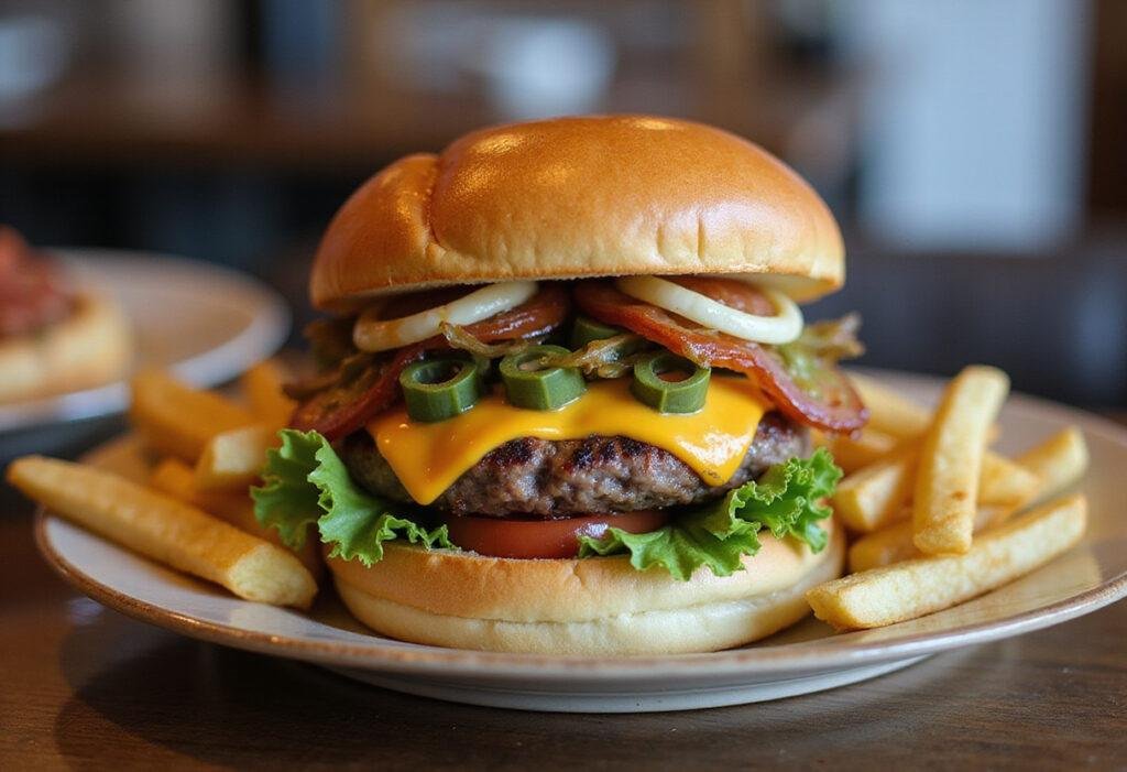 Delicious juicy cheeseburger with melted cheese and fresh toppings, ready to enjoy.