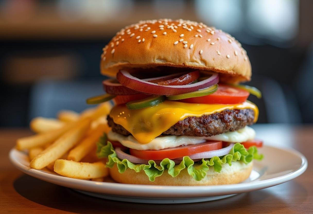 Delicious juicy cheeseburger with melted cheese and fresh toppings, ready to enjoy.