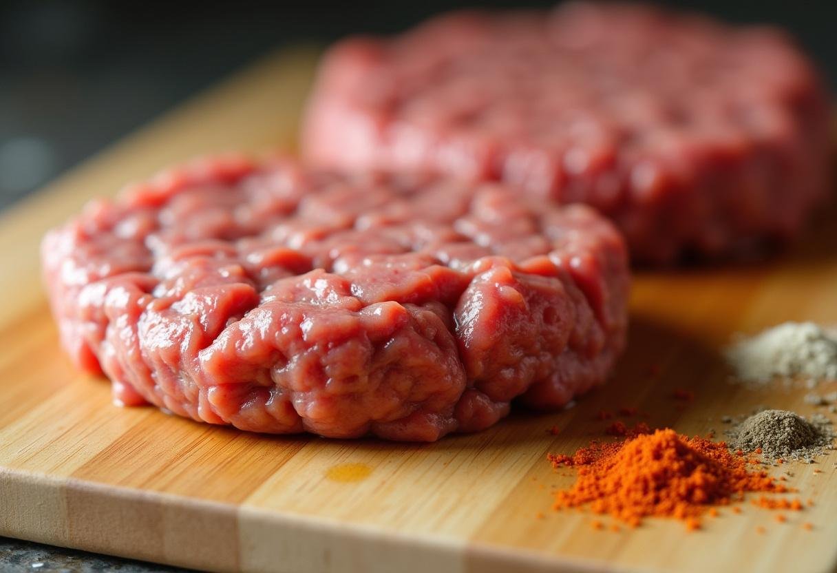 Ground beef shaped into patties for juicy cheeseburgers preparation.