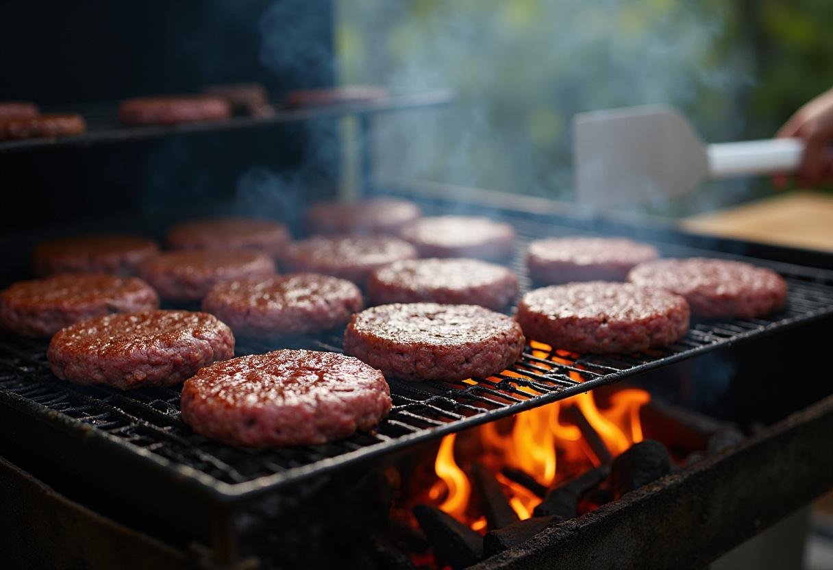 Burger patties cooking on a grill for juicy cheeseburgers.