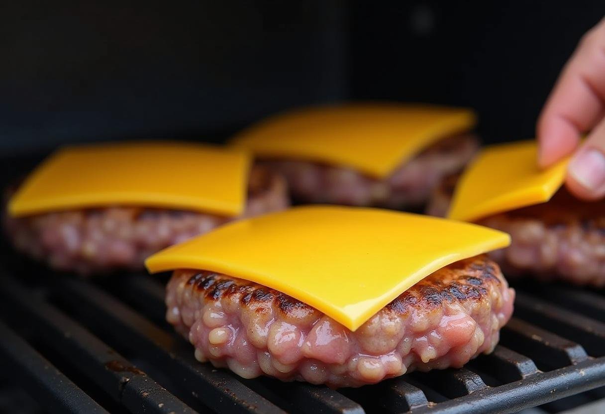 Cheese melting on burger patties for the perfect juicy cheeseburger.