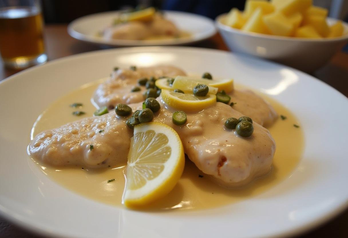 Servierfertige Königsberger Klopse in cremiger Sahnesoße mit Kapern und Zitronenscheiben.