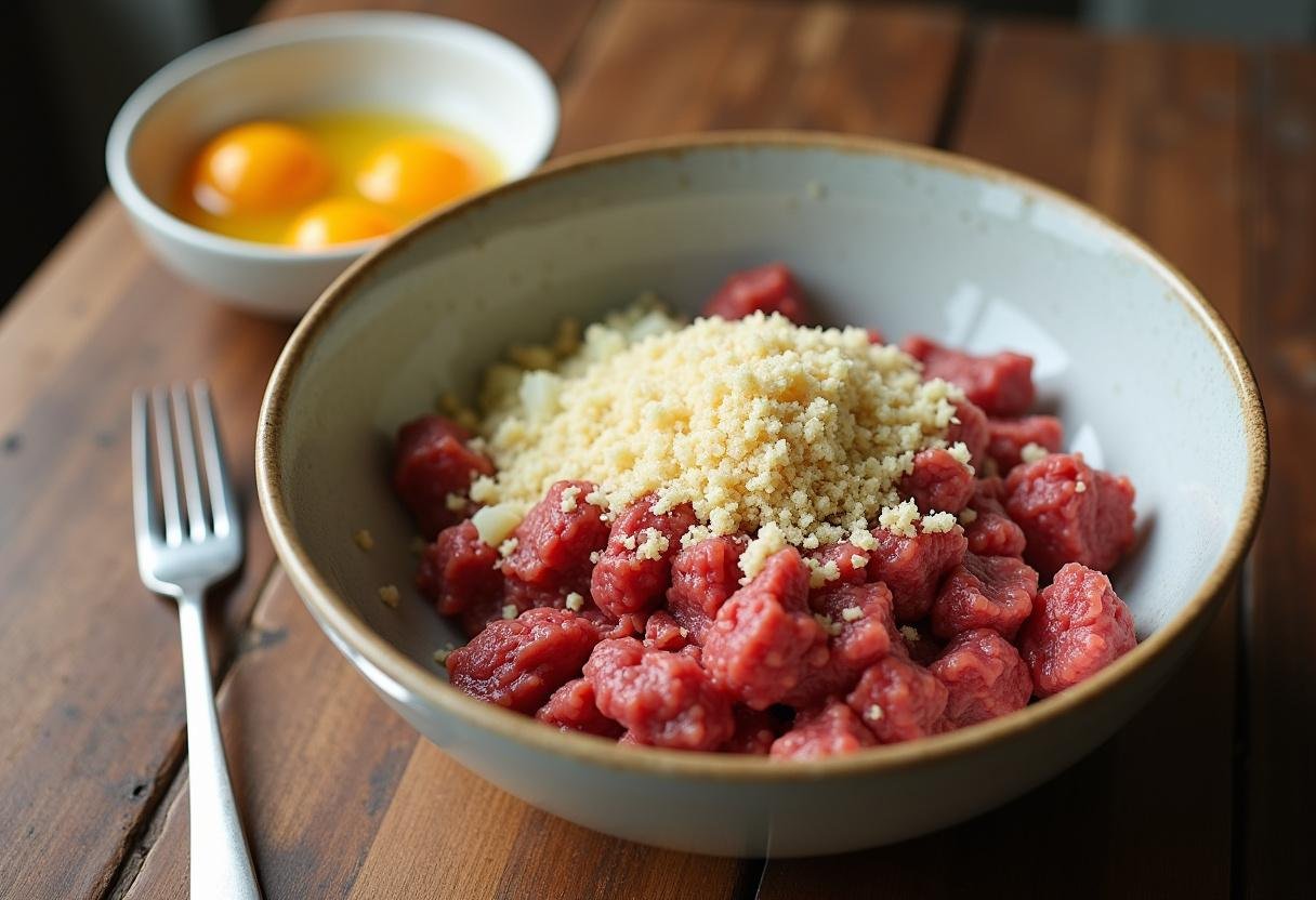 Zutaten für Königsberger Klopse: Hackfleisch, Zwiebeln und Semmelbrösel in einer Schüssel.