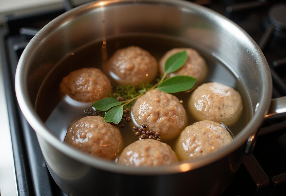 Wasser mit Lorbeerblättern und Pfefferkörnern zum Kochen der Königsberger Klopse.