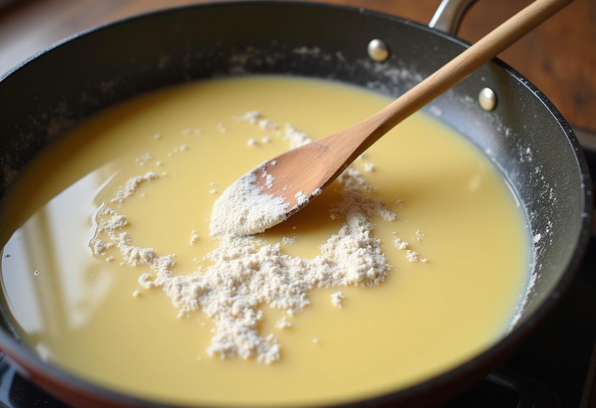 Butter und Mehl in einer Pfanne für die cremige Sahnesoße der Königsberger Klopse.