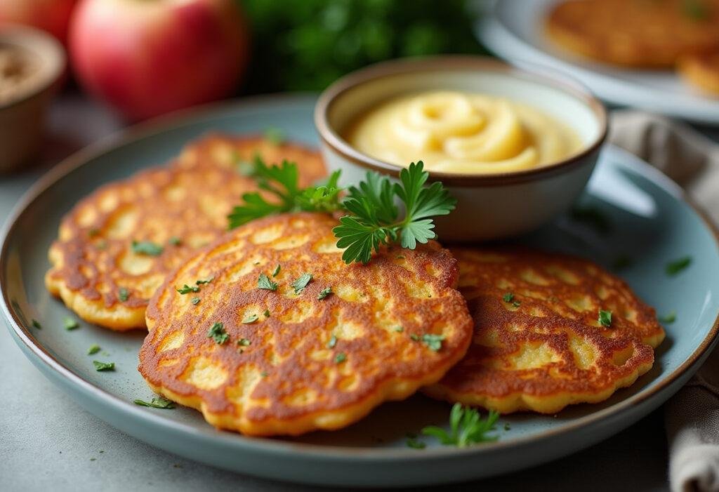 Knusprige Kartoffelpuffer mit hausgemachtem Apfelmus, perfekt serviert.